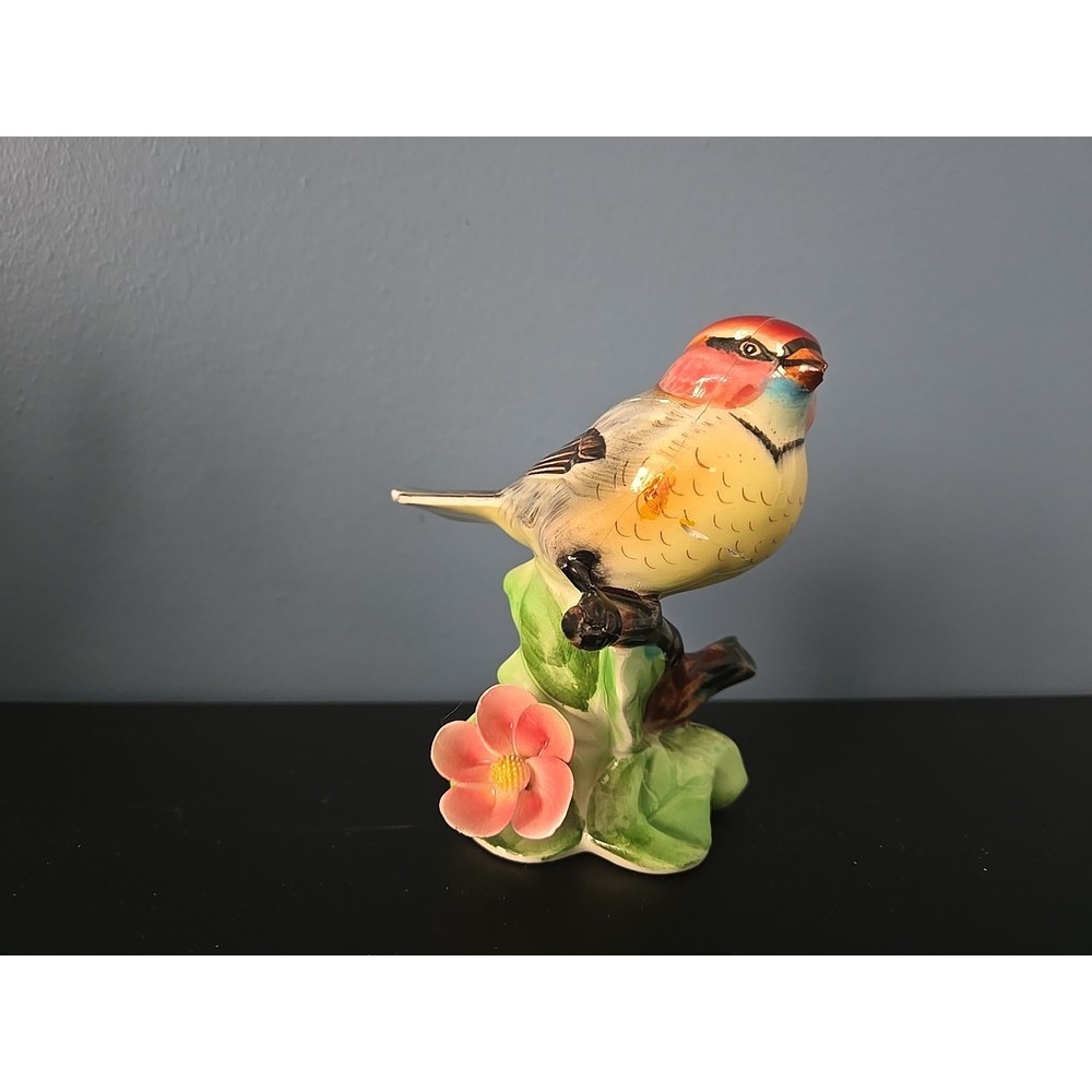 Vintage Porcelain Sparrow Pink Yellow Blue Figurine 1950s Hand Painted Japan